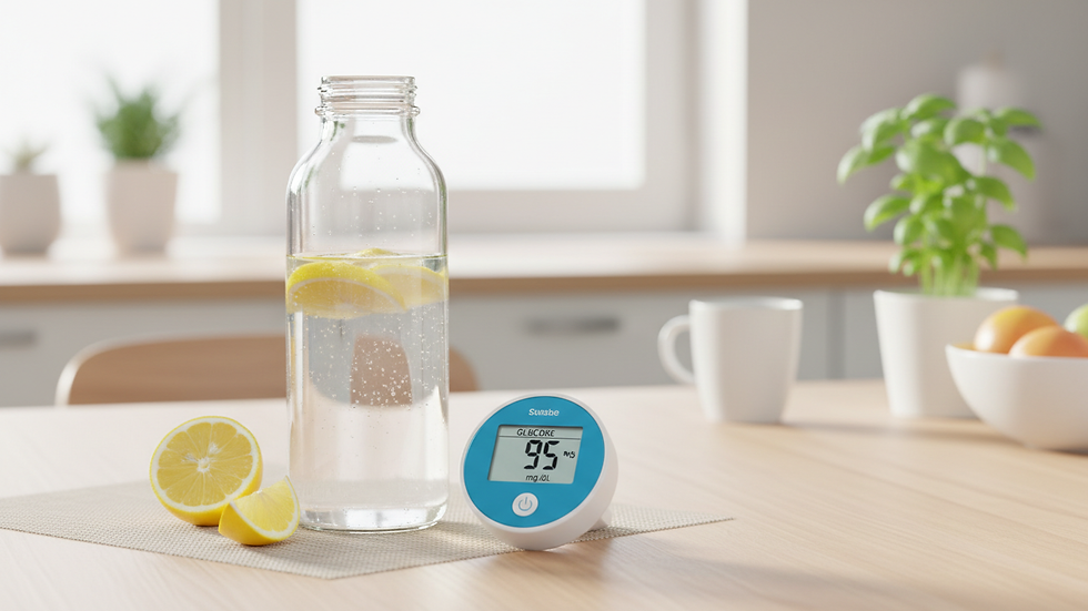Eye-level view of a water bottle and a glucose monitor on a table