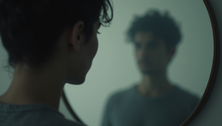 Крупний план дзеркала з відображенням розмитого силуету людини, що символізує внутрішню боротьбу із самознеціненням