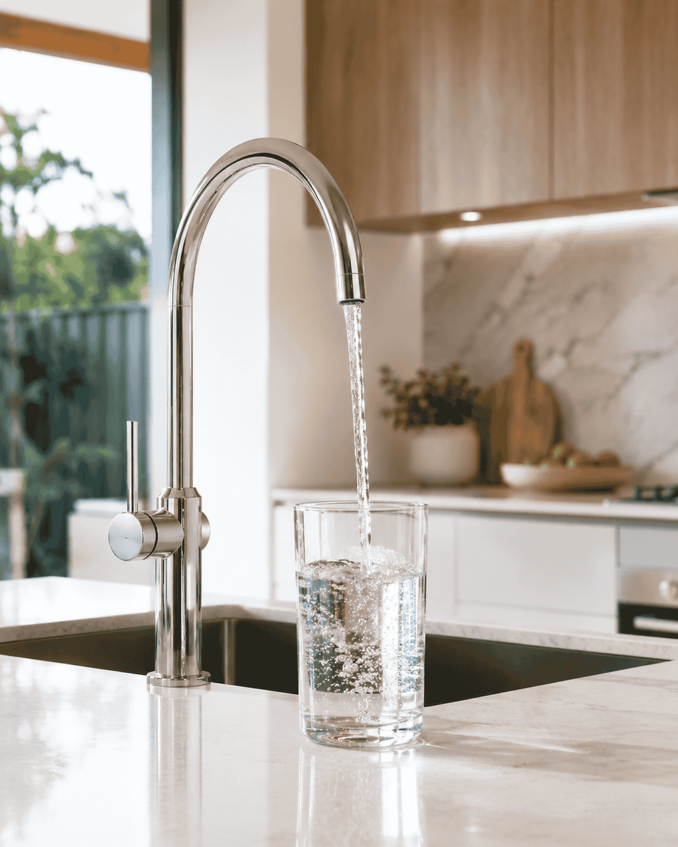 Glass being filled with filtered water from an indoor kitchen tap.