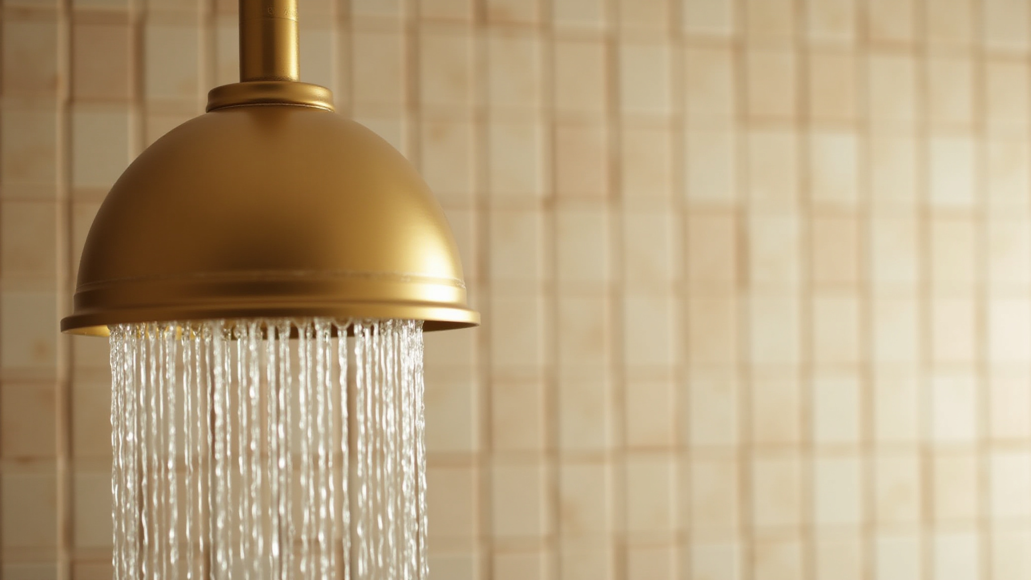 Inspiration image of a luxury bathroom with a brushed gold shower head, marble wall tiles, and soft natural lighting