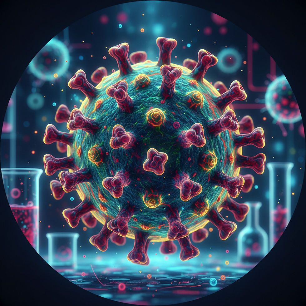 Microscopic image of dengue virus particles, the mosquito-borne virus responsible for dengue fever.