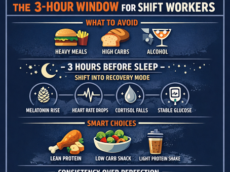 Infographic for shift workers on a 3-hour pre-sleep window. Avoid heavy meals, high carbs, alcohol. Choose lean protein, low-carb snacks.
