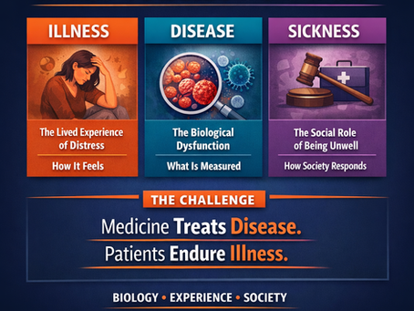 Comparison chart: Illness, Disease, Sickness. Highlights lived experience, biological dysfunction, social role. Text: Medicine treats disease.