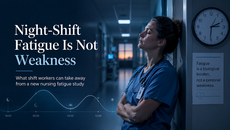 image showing a tired night-shift nurse in blue scrubs leaning against a dim hospital hallway wall beside a late-night clock. Large text reads, “Night-Shift Fatigue Is Not Weakness,” with a subtitle about shift workers and a nursing fatigue study. A circadian rhythm-style graphic and a sign stating that fatigue is a biological.