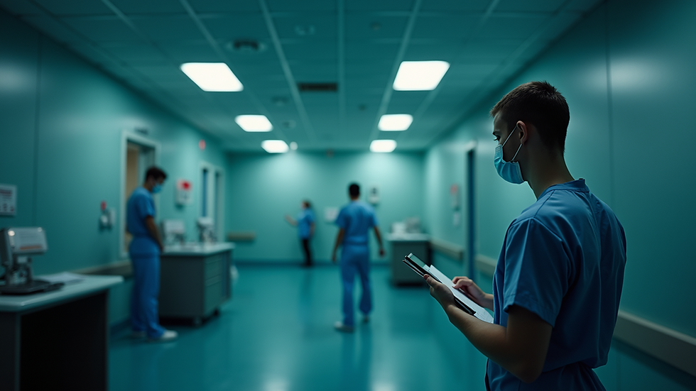 Eye-level view of a hospital nurse station at night