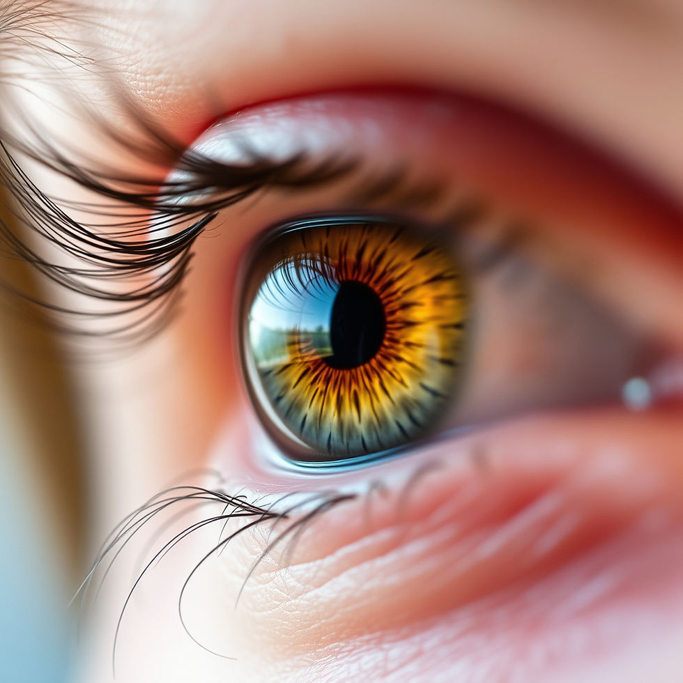 Close-up of an eye with vibrant orange and yellow iris, long lashes, and detailed skin texture. Reflective light captures a serene mood.