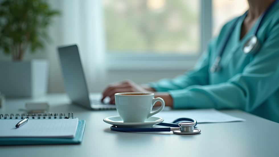 Eye-level view of a nurse’s station with a cup of coffee and a stethoscope