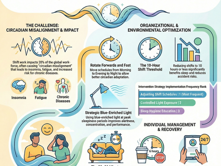 Infographic on sleep solutions for shift workers shows clocks, graphs, and icons with tips like blue-enriched light and power naps.