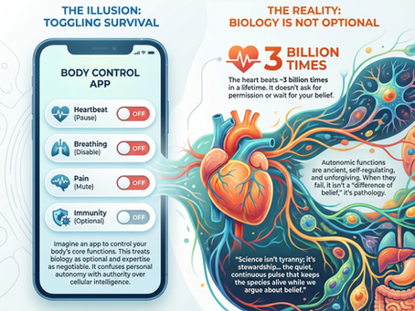 Illustration of a phone app with body functions set to "OFF" versus a colorful heart with flowing nerves, emphasizing biology isn't optional.