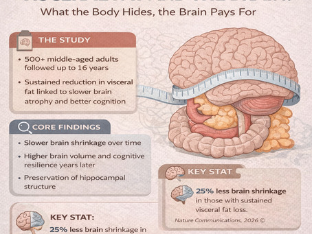 Infographic illustrating visceral fat's effects on the brain. Text highlights study on fat reduction linked to slower brain shrinkage. Brain image with measuring tape.