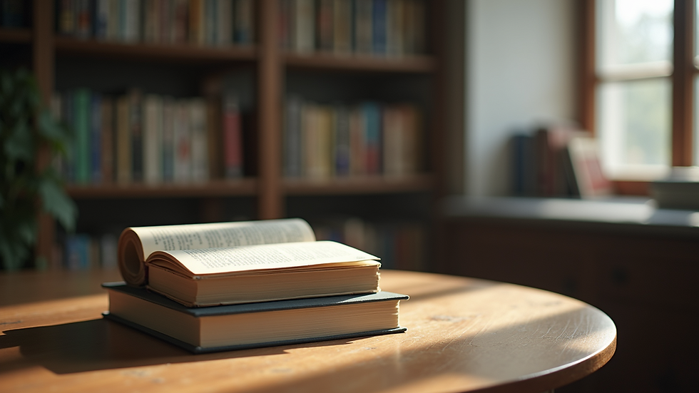 High angle view of a stack of medical books and a novel on a wooden table