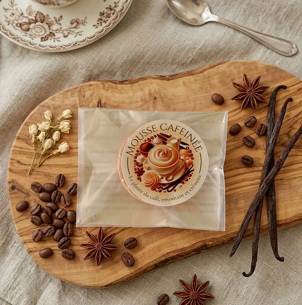 Fondant "Mousse Caféinée" emballé, étiquette tasse de café crémeuse, disposé sur bois avec café et épices. Ambiance chaleur.