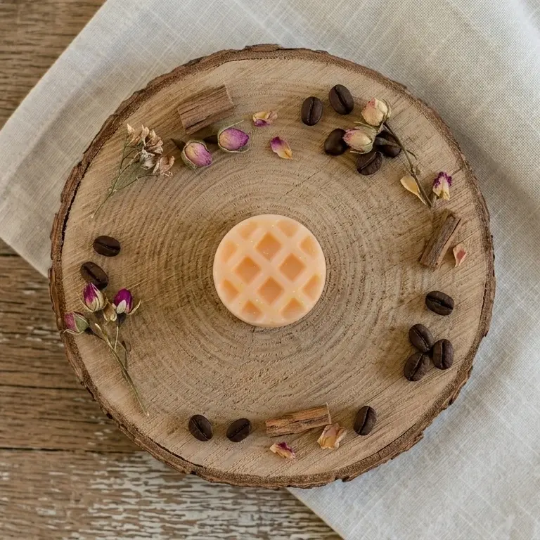 Fondant gaufre beige sur une tranche de bois, entouré de grains de café, boutons de rose et bâtons de cannelle. Style rustiqu