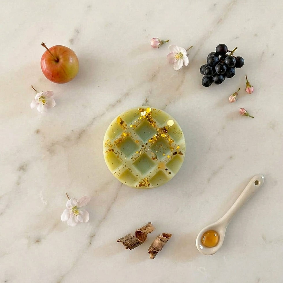 Fondant artisanal 8g en forme de gaufrette verte et paillettes dorées. Vue de dessus sur marbre avec décor pomme et miel.