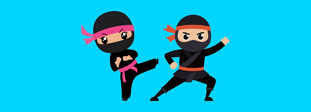 A graphic representing VolleyJuniors Summer Camps Ninja Week. Two ninjas in various stances.