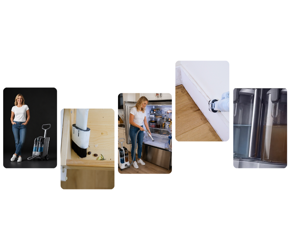Images of using Nacvac to clean drawers, baseboard, and the dirty water cleaned up by the product