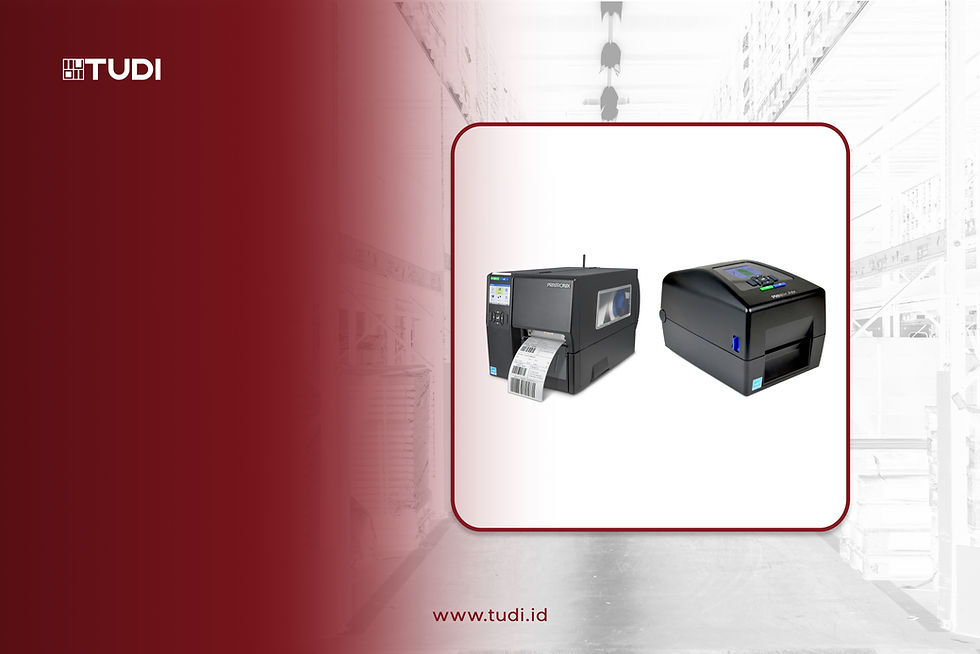 Two label printers on a white and red background, with "TUDI" logo and "www.tudi.id" text. Warehouse setting with shelves visible.