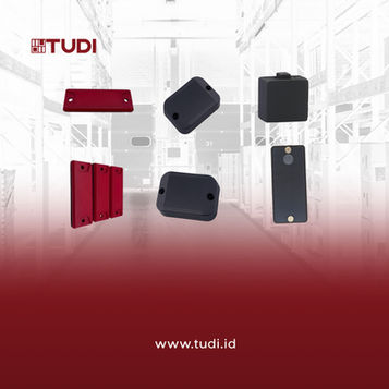 Black and red Hard Tag RFID on a warehouse background. Red gradient on the left with "TUDI" logo. Website text: www.tudi.id.