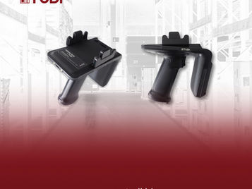 Black handheld RFID scanners on a gradient red and white background. "TUDI" logo and "www.tudi.id" text are visible.