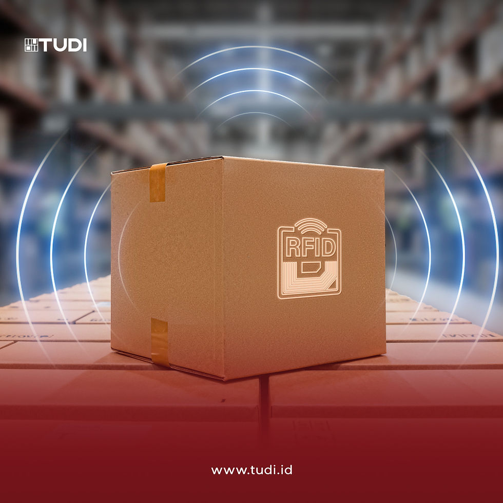 Box with RFID logo on stacked boxes in a warehouse. Blue signal lines radiate outward. Red and white TUDI branding and URL visible.