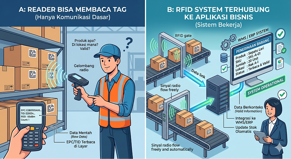 Infografik dua panel: A reader RFID membaca tag di gudang; B RFID terhubung ke WMS/ERP, conveyor, data otomatis.