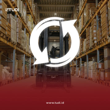 Warehouse interior, forklift in center with large white circular arrow overlay. Shelves stacked with boxes, red gradient on left. Text: TUDI, www.tudi.id.