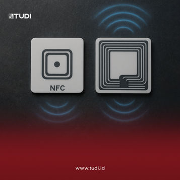 Two NFC chips on a dark background with blue wave signals. "TUDI" logo and "www.tudi.id" text on a red gradient.