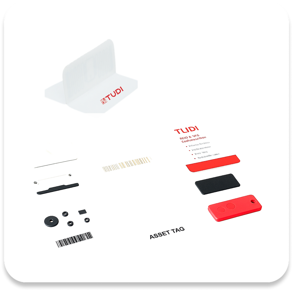 White background with TUDI-branded red and black items. Includes a red device and various components. Text reads "TUDI" and "ASSET TAG".