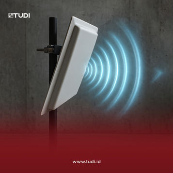 A white RFID antenna emits blue signal waves against a gray background. "TUDI" logo and website www.tudi.id in white on a red gradient.