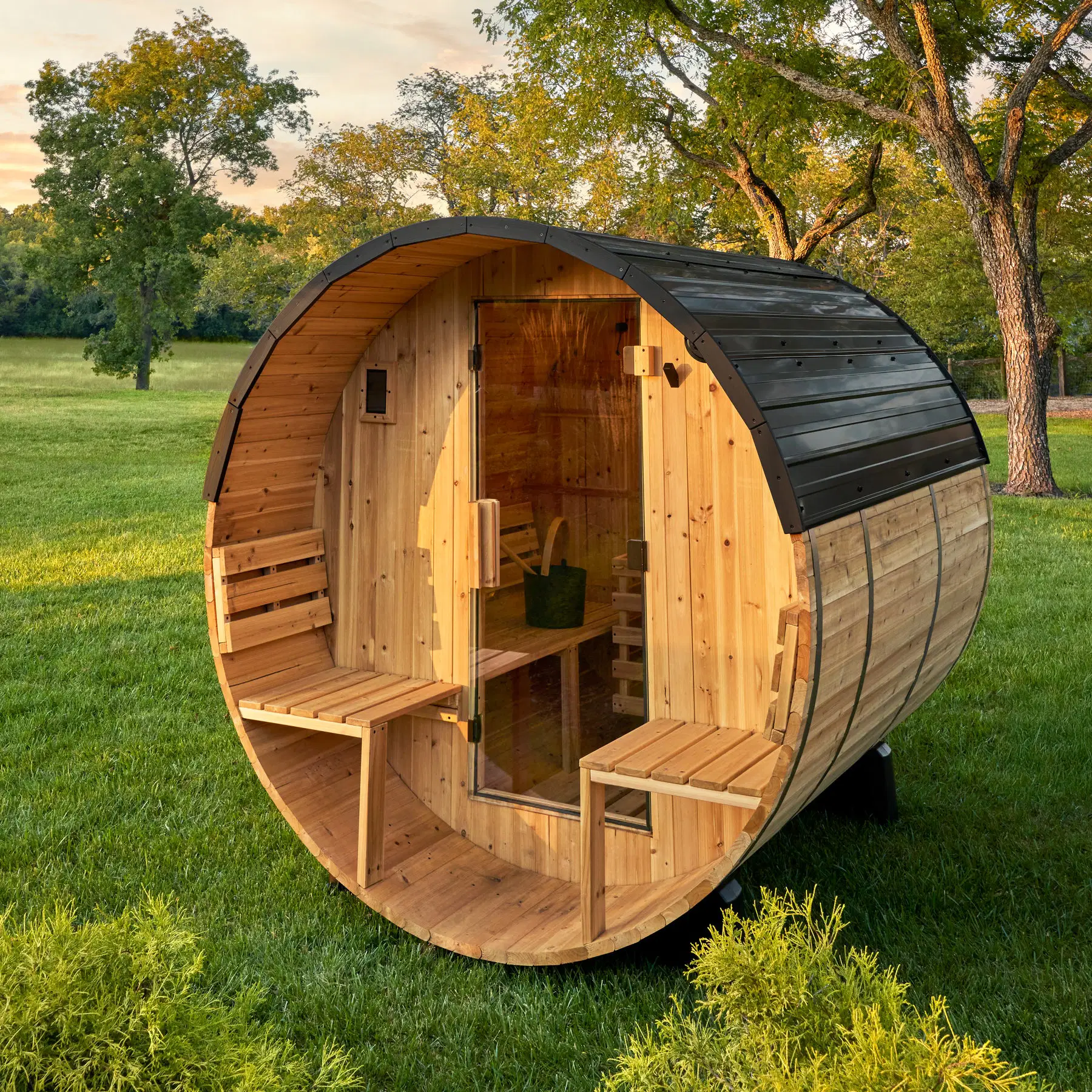 PAXTON OUTDOOR BARREL SAUNA WITH PORCH – 2-4 PERSON