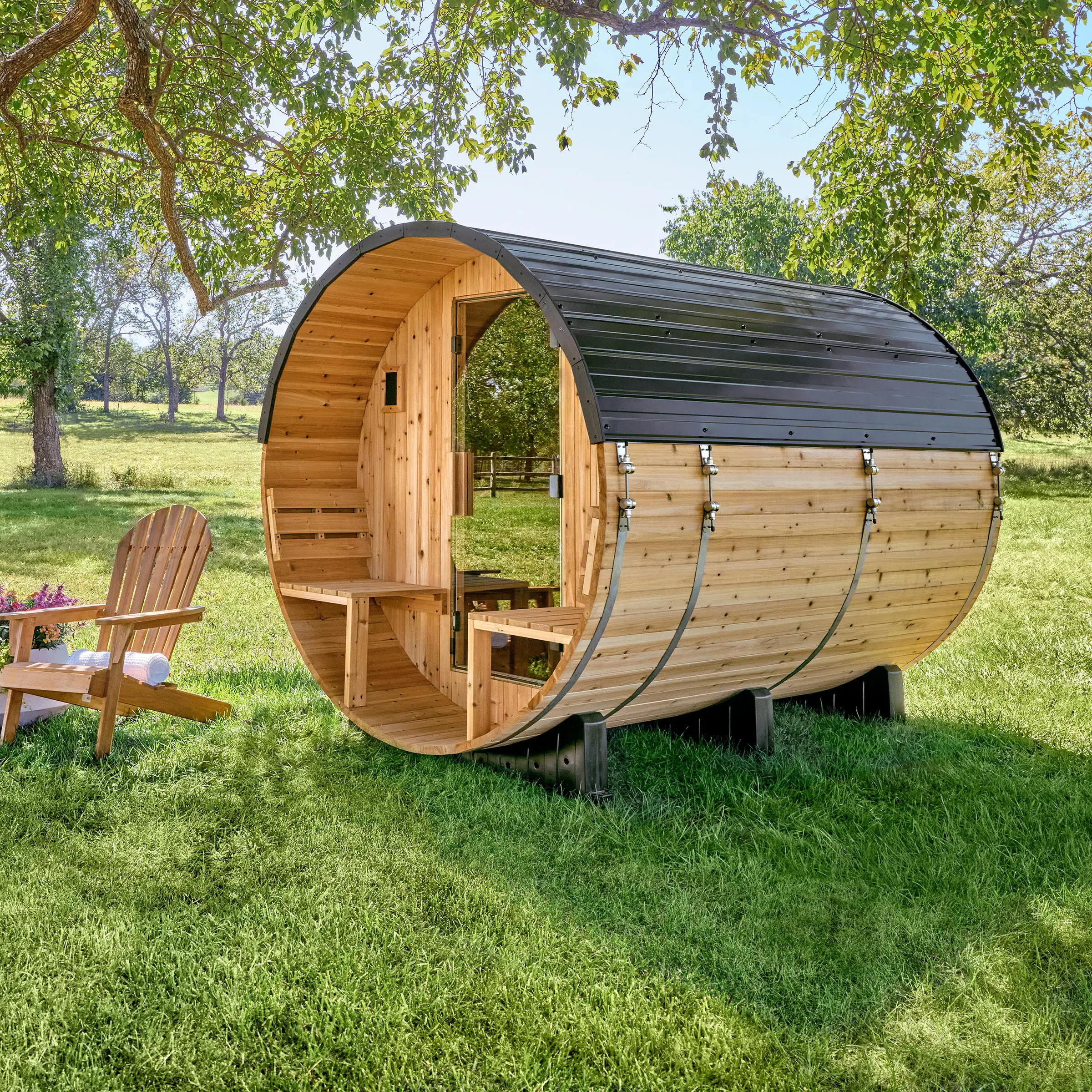 PAXTON OUTDOOR BARREL SAUNA WITH PORCH – 4-6 PERSON