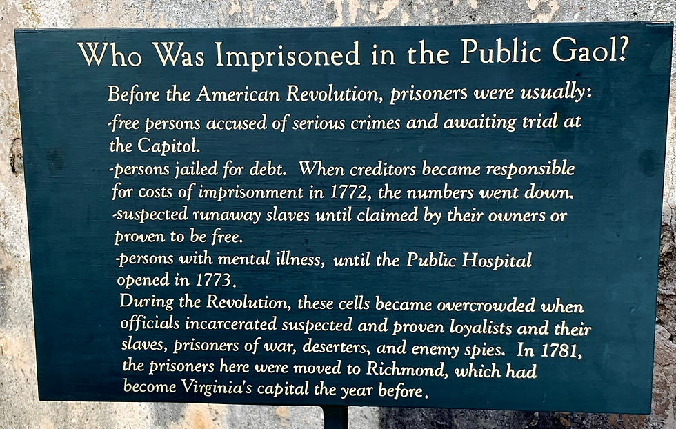 Plaque at jail in Colonial Williamsburg