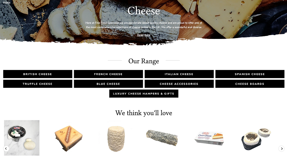 Cheese selection on wooden board with text: British, French, Italian cheese. Product images below: packaged cheeses on white background.