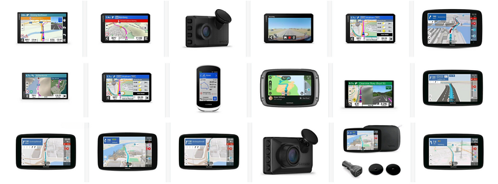 Grid of GPS screens displaying various maps and routes. Some devices have additional accessories. Bright colors and texts visible.