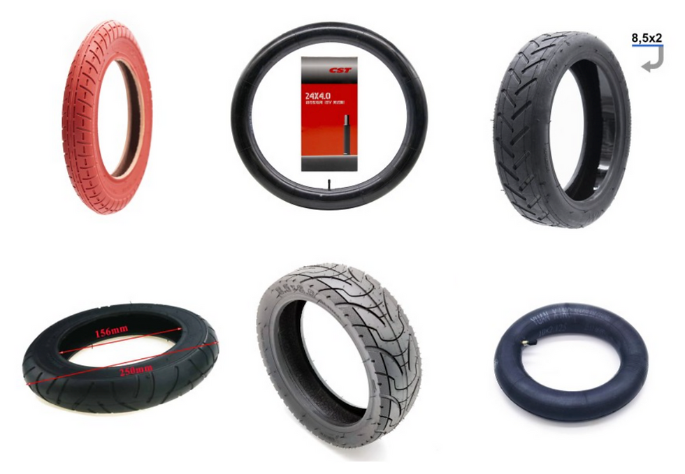 Various tires in different colors and styles, including red, black, and gray. Text shows sizes. White background.