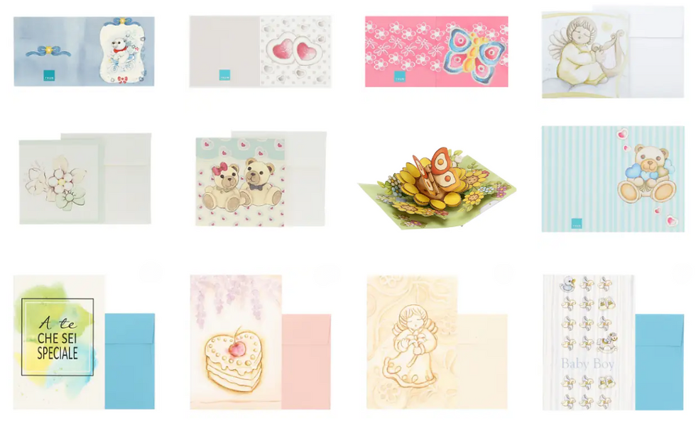 Twelve greeting cards with various designs: teddy bears, flowers, angels, butterflies, and a pop-up. Text reads "A te che sei speciale."