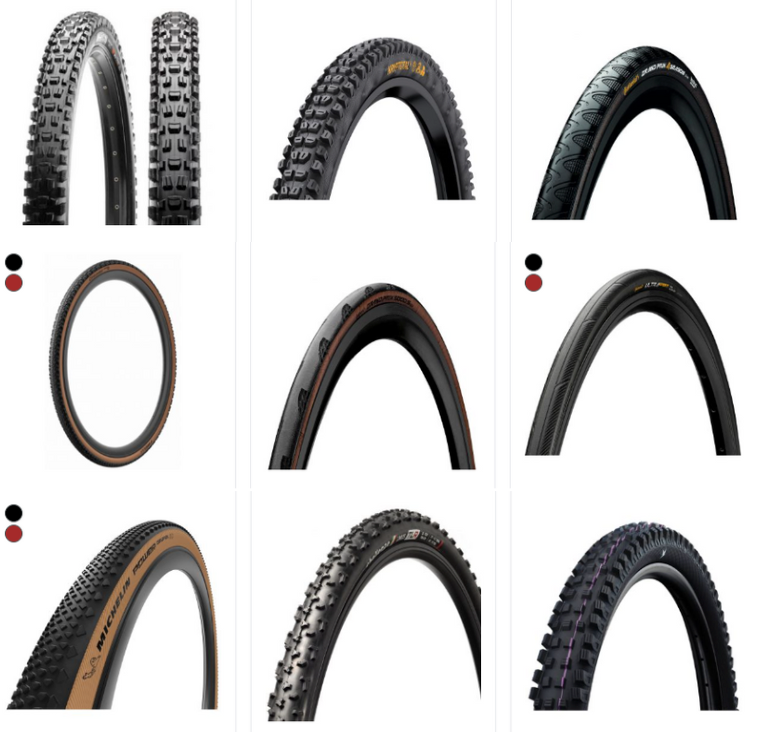 A grid of various bicycle tires with different treads and colors. Text on the tires indicates brands and models. White background.