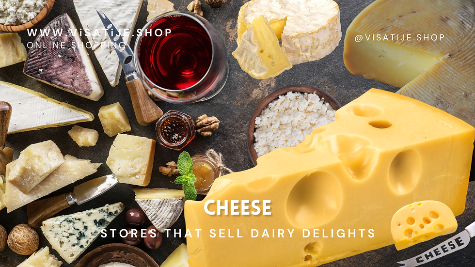 Assorted cheeses, a glass of red wine, nuts, and honey are on a dark surface. Text: "CHEESE, STORES THAT SELL DAIRY DELIGHTS."