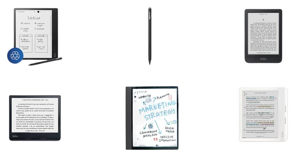 E-readers and a stylus on a white background. Screens display text, a to-do list, and a marketing strategy. A recycling icon is visible.