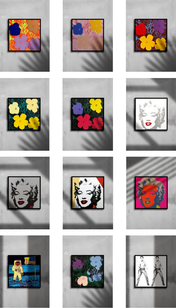 Twelve pop art pictures on a gray wall. Includes colorful flowers, portraits, and an astronaut. Shadows cast diagonal lines.