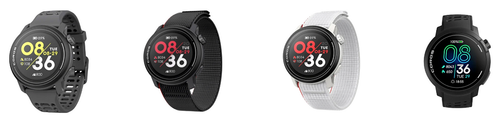 Four smartwatches with colorful displays show time, date, step count, and heart rate. Bands in black, gray, and white. Minimalist background.