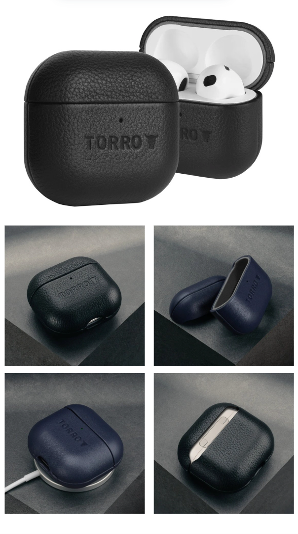 Black and blue leather AirPods cases with "TORRO" text. Set in a minimalist, dark gray background, displaying elegant and modern design.