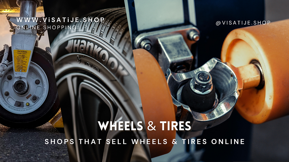Close-up collage of aircraft gear, Hankook car tire, and skateboard wheel. Text: "Wheels & Tires" and online shopping links.