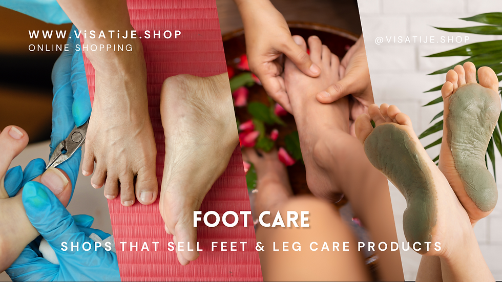 Feet receiving care: clipping nails, massage, green foot mask. Text: "FOOT CARE," "SHOP ONLINE," "@VISATIJE.SHOP." Relaxing spa setting.