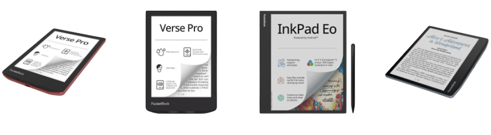 Four e-readers with monochrome screens showing text: Verse Pro and InkPad Eo. One is red, another with a stylus. Minimalist design.