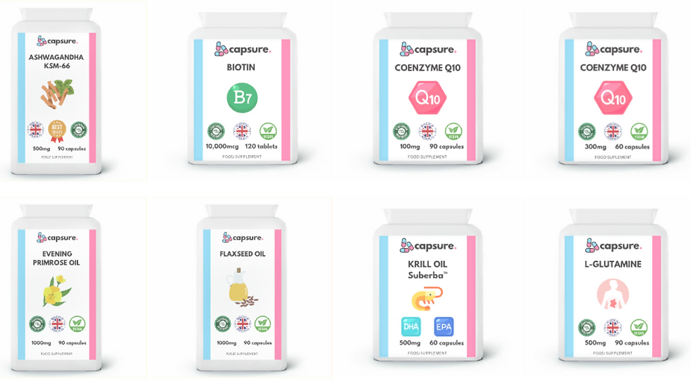 Eight vitamin supplement bottles with different labels: Ashwagandha, Biotin, Coenzyme Q10, Evening Primrose Oil, Flaxseed Oil, Krill Oil, L-Glutamine.