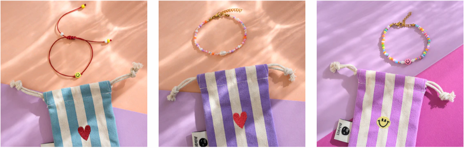 Three colorful bracelet sets on striped bag backgrounds; red, pastel beads, and smiley designs. Bags feature hearts and smiley faces.