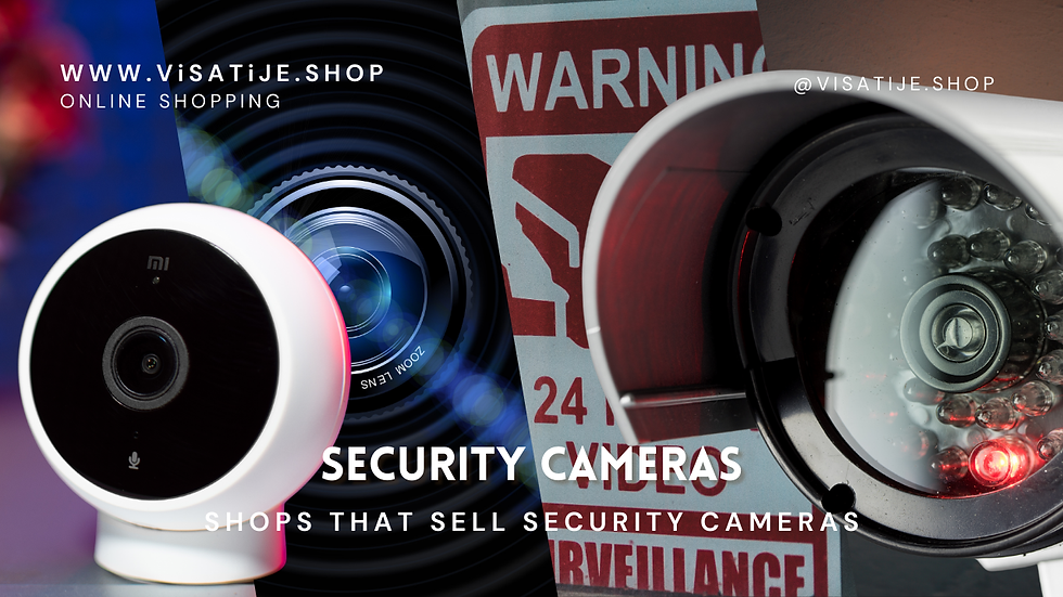 Security camera collage with lenses, a warning sign, and online shopping text. Predominantly red and black tones. Text: "SECURITY CAMERAS."