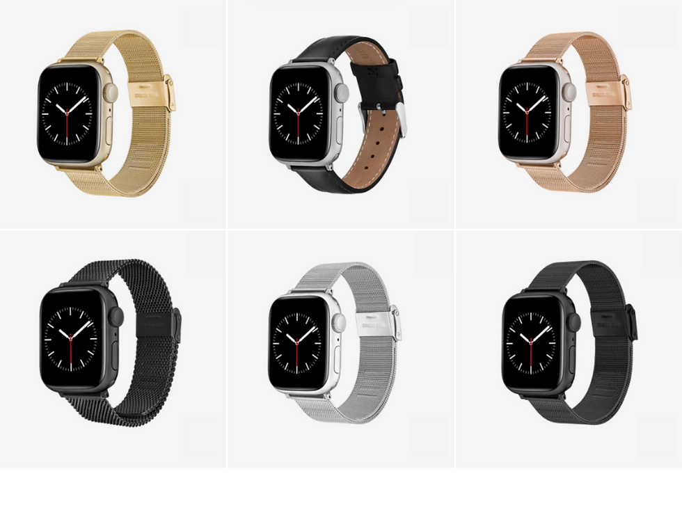 Six smartwatches with different metal bands: gold, black leather, rose gold, black, silver, and dark gray. Display shows a clock face.
