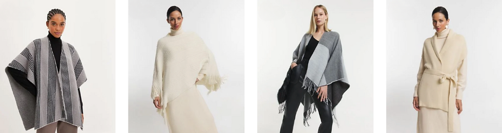 Four women modeling different ponchos in neutral tones. Background is plain white, highlighting various textures and styles, creating a chic mood.